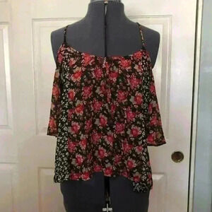 INTO SHEER BLACK RED FLOWER THIN STRAP BLOUSE TOP BEST FIT MEDIUM